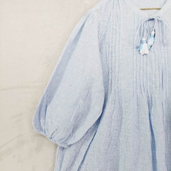 Blue Islands Blue Cotton Puff Sleeve Drawstring Blouse Top P348 - Picture 4 of 8